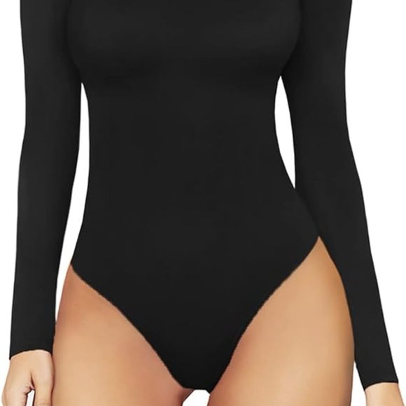 MANGOPOP Women's Black Mock Turtle Neck Long Sleeve Tops Bodysuit Jumpsuit Small - Picture 2 of 7